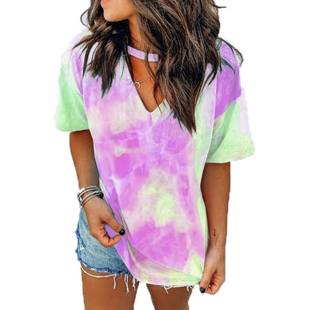 Womens Summer Tie Dye Shirts V-Neck Short Sleeve Tee Casual Tops Womens Summer Tie Dye Shirts V-Neck Short Sleeve Tee Casual Tops